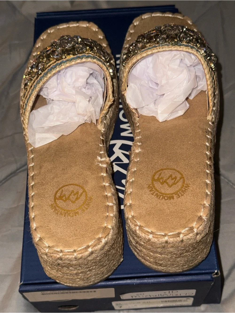 White Mountain Tan Wedge Slide Sandals with Multicolor Crochet & Crystal Accents - Picture 6 of 8